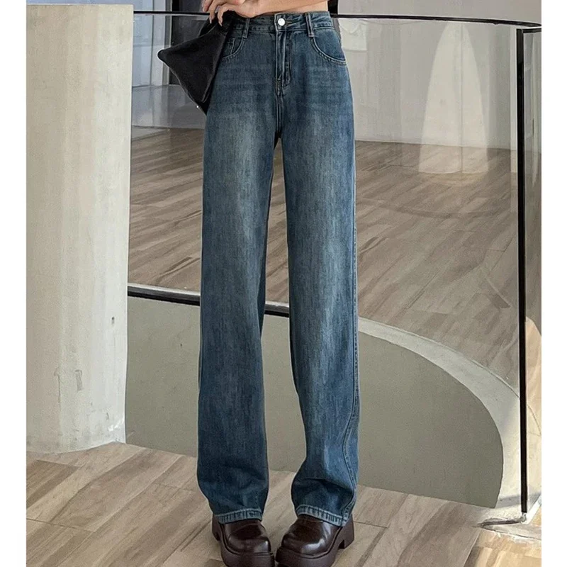 

Woman High Waist Stacked Straight Leg Jeans Female Gothic Loose Wide Leg Pants Girls Y2k Black Blue Light Blue Denim Trousers