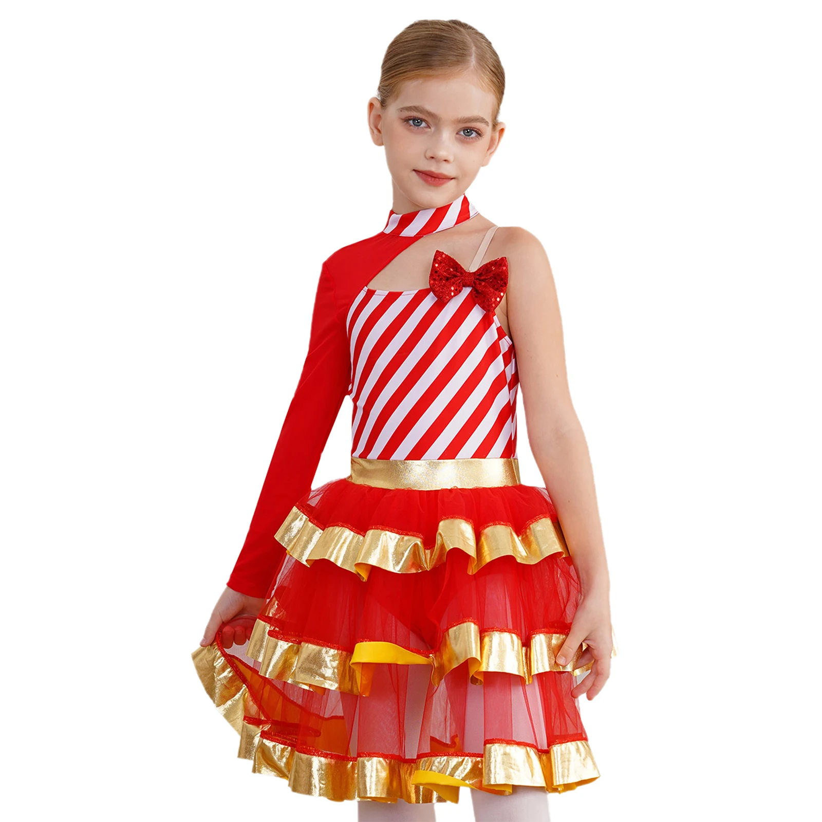 Girls Holiday Christmas Asymmetrical Shoulder Dance Figure Ice Skating Tiered Tutu Dress Sweetie Xmas Candy Cane Xmas Costumes