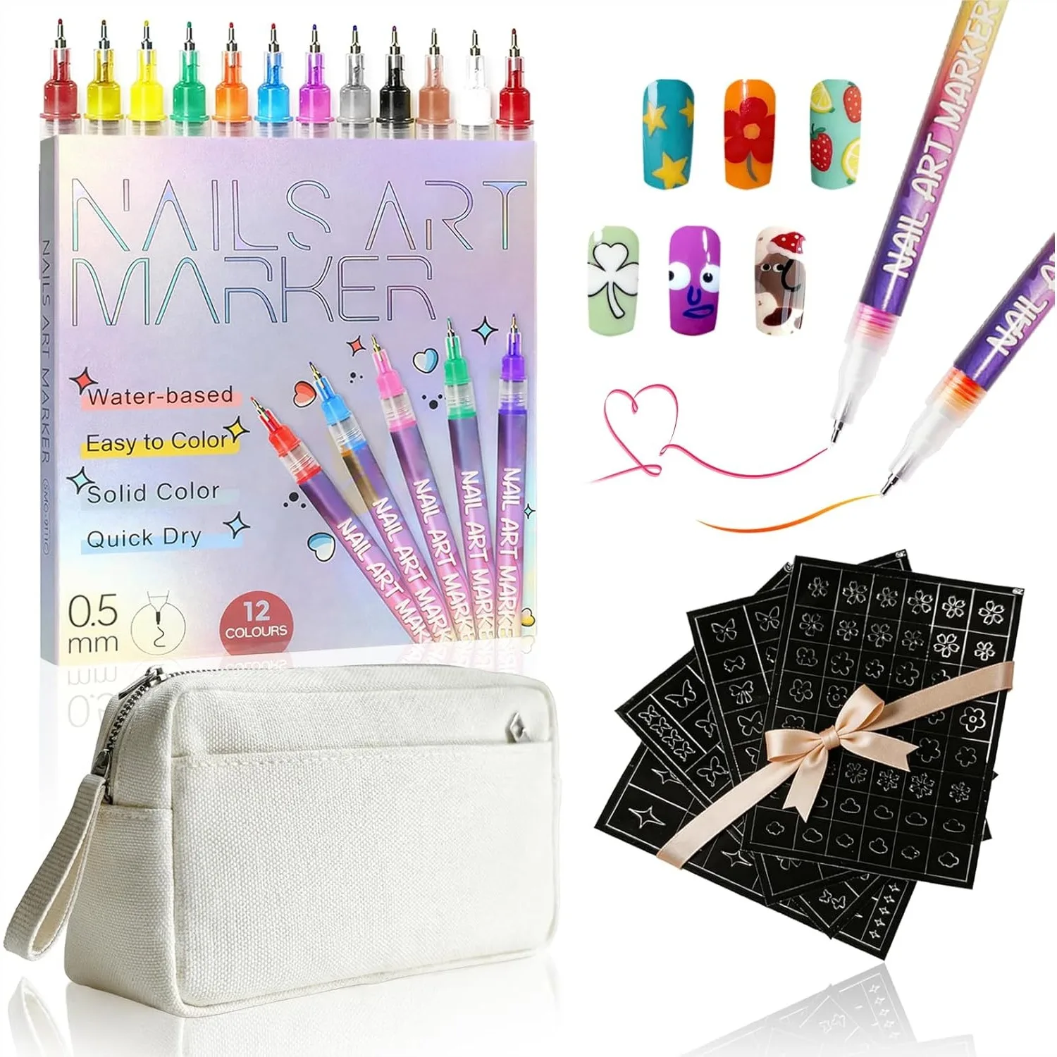 

Nail Art Pens Set with 0.5mm Fine Tip, 12 Colors Quick-Dry Waterproof Markers for Acrylic Gel Natural Nails with Storage Pouch &