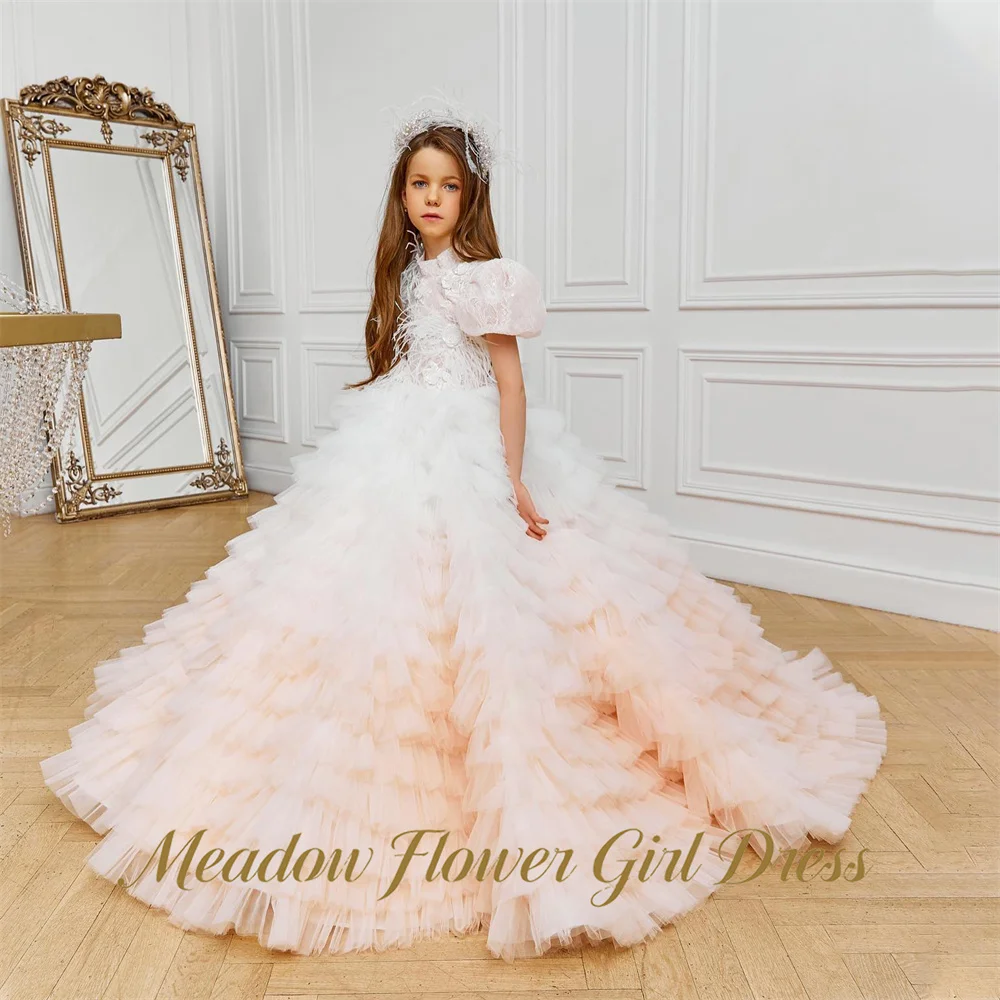 Meadow Floor Length Flower Girl Dress Feather Baby Kids Birthday Dress White To Blush Ombre Pageant Dress for Girl Customized
