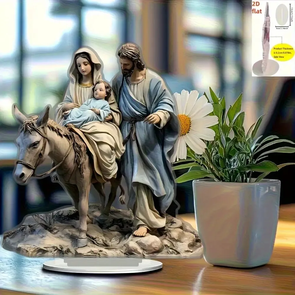 Religious Scene Household Ornament 2D Acrylic Stand, Holy Family Nativity Print Acrylic Ornament Tabletop Display Housewarming G