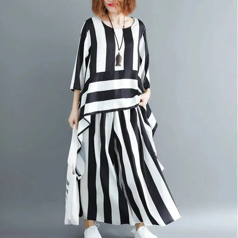#2707 Vertrical Striped Two Piece Set Top And Pants Loose Korean Style Asymmetrical Shirt And Wide Leg Pants Women Half Sleeve
