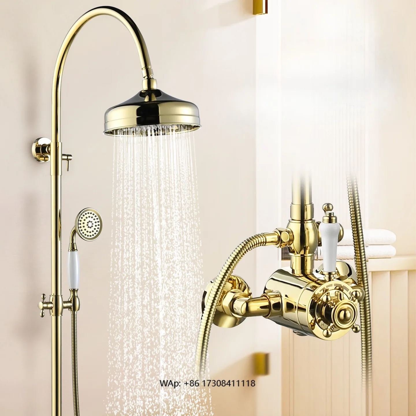 

Bathroom European Luxury Gold Retro Thermostatic Rain Shower Head Set for Home Use Adjustable Brass Tap
