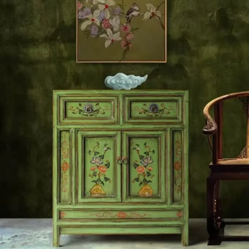 Chinese Antique Vintage Hand Painted Solid Wood Storage Cabinet Oriental Traditional Distressed Sideboard Console Cabinet
