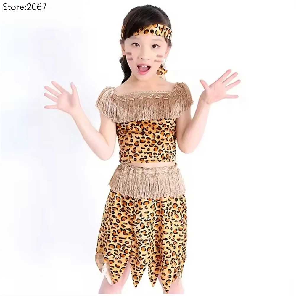 Children Savage Caveman Costumes Boy and Girl Leopard African Tribal Hunter Clothes Native American Modern Dance Performance Set view 6