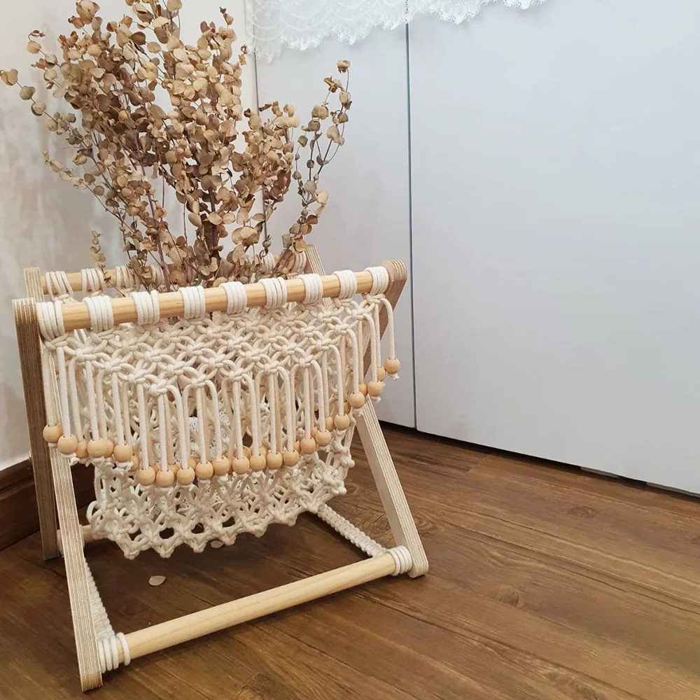 

1pcs Nordic Cotton Rope Woven Storage Rack Wooden Foldable Magazine Holder Creative Book Newspaper Organizer Shelf