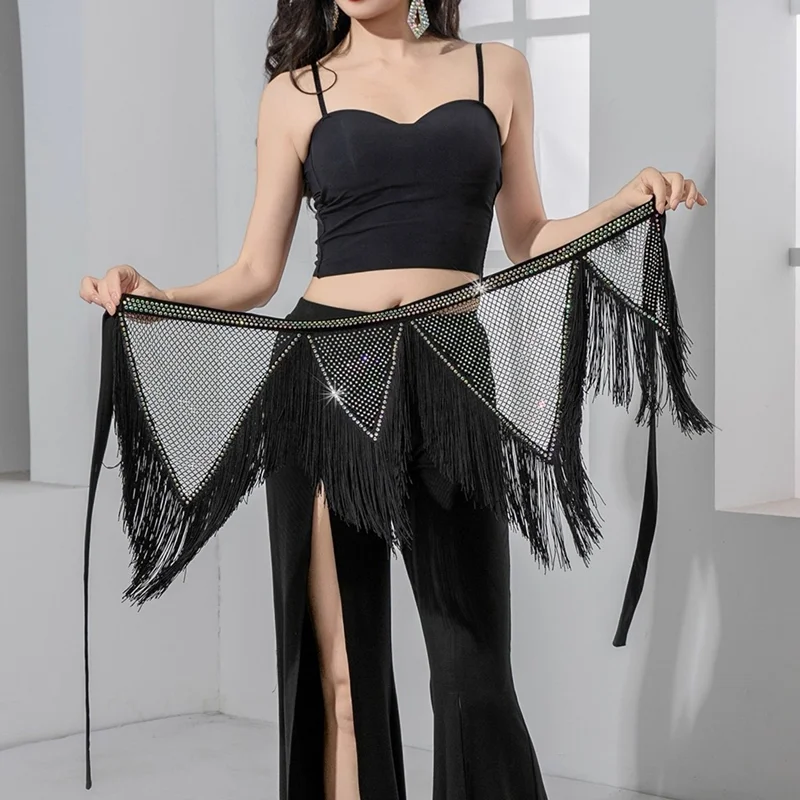 2025 buikdans heupsjaal, licht luxe visnet met strass steentjes, V-vormige golftailleketting, oosterse dansoefenaccessoire