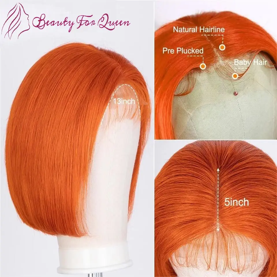 

Оранжево-коричневый прямой парик-боб из бразильских натуральных волос для женщин, с прозрачным кружевным фронталом, для косплея, предварительно выщипанный