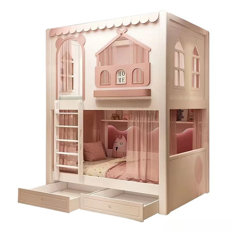 Girl Princess bunk bed, two-story high and low bed, sister high guardrail slide elevated bed