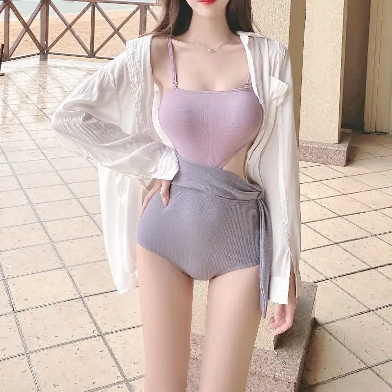 Women's Triangular One-piece Backless Sexy Pink Winter Hot Spring Pure Bikini Swimwears