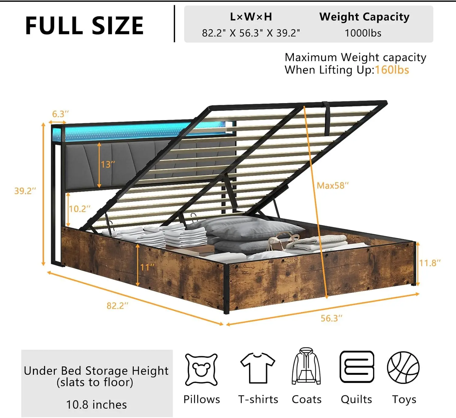 Full Size Lift Up Storage Bed Frame With Led Lights, Linen Upholstered Headboard With Charging Station, Wooden Led Light