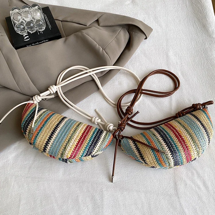 

Dumpling Bohemian Crossbody Bag Rainbow Straw Woven Handmade Crescent Shoulder for Women