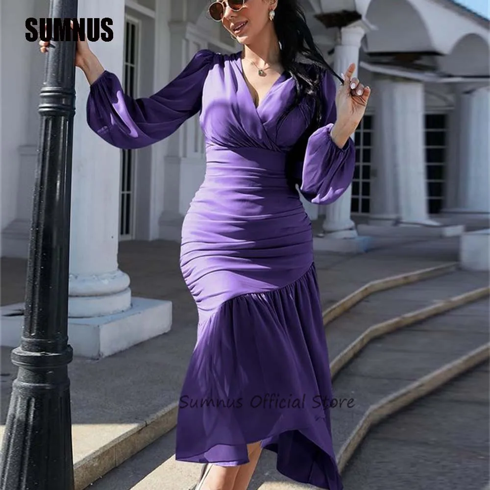 

SUMNUS Elegant Purple Chiffon V Neck Pleats Evening Prom Gowns Long Sleeves Party Dresses Tea-Length Dubai Cocktail Party Dress