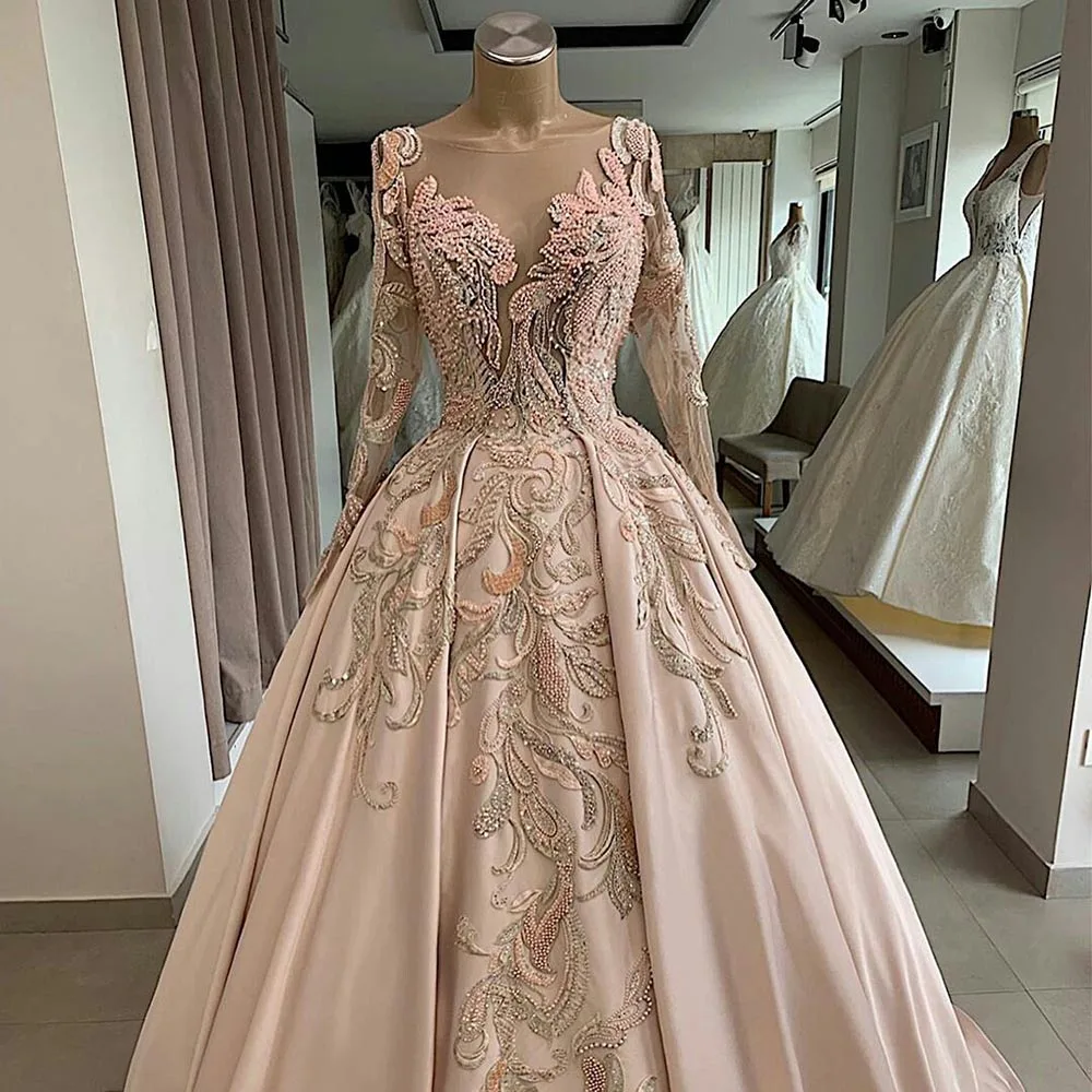 Exquisite Beading Pearls Prom Dress with Appliques Fashion V-Neck Long Sleeves Floor Length Ball Gowns Chic Party Evening Dress