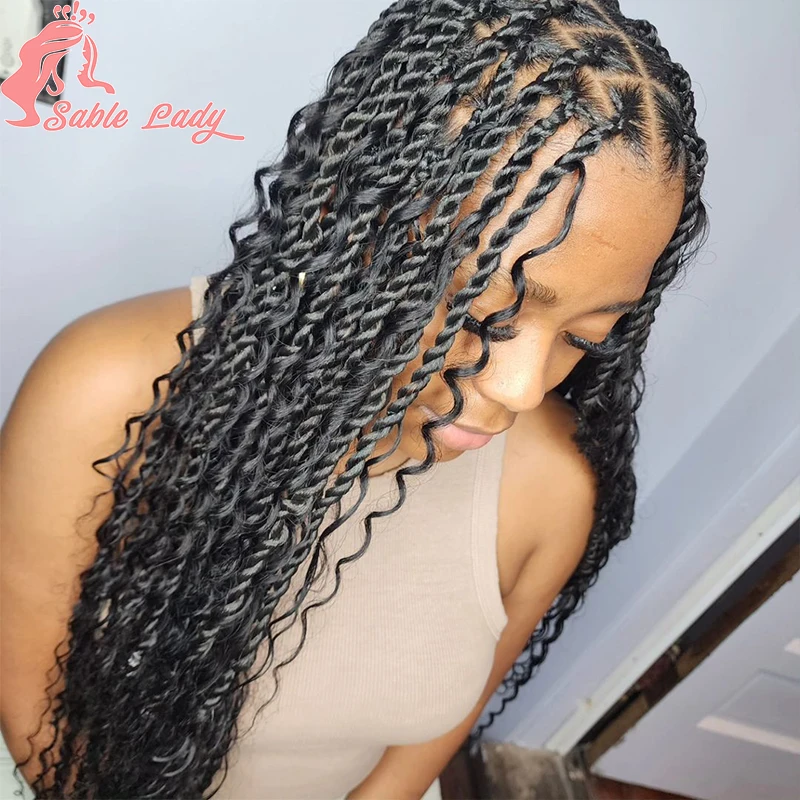 Sintético Full Lace Braid Perucas, Bohemian Deusa Peruca, Frontal Box Trançado Perucas, Knotless Senegalese Twist Tranças Perucas, 32"