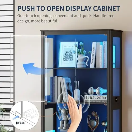 71'' Display Cabinet with 5-Tier and 3 Color Lights for Collectibles,Black | Curio Cabinet with Removable Glass Shelf view 6