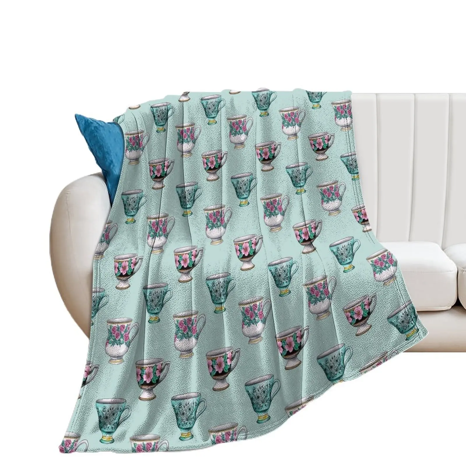 Tea Time - Pink & Turquoise Vintage Teacups With Floral Patterns Throw Blanket Weighted Vintage Blankets