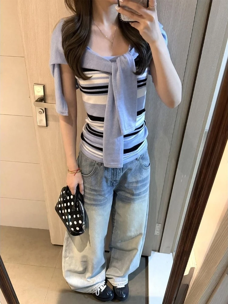 Women Elegant Sweet Knitted Two Piece Outfit Japanese Harajuku Short Cardigan Striped Slim Vest Korean Daily Casual Party Wear