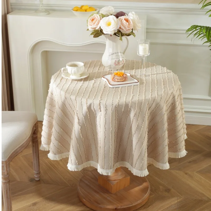 

Table Cloth Round Stripe Solid Linen Circular Table Cover with Tassel Reusable Dust-Proof Modern Style Tablecloth Home Decor