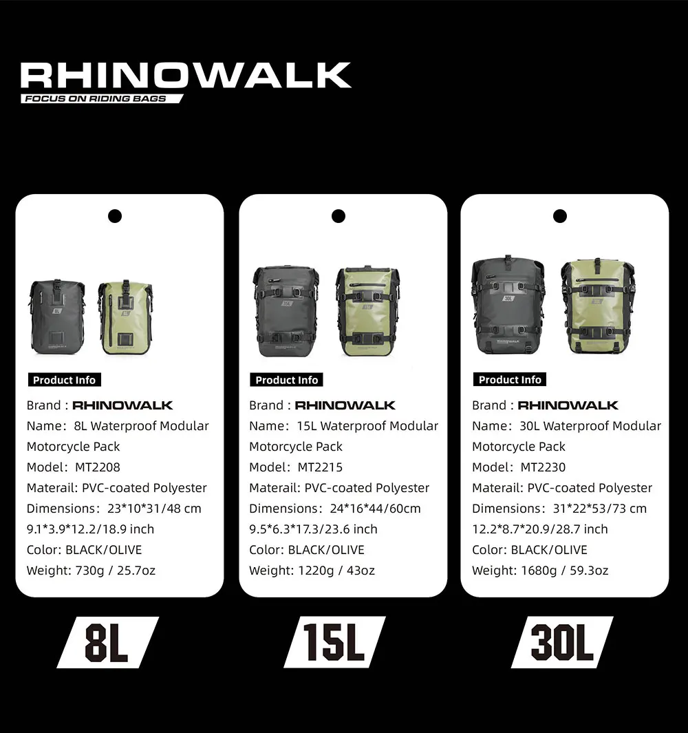 Rhino walk Motorrad Seiten tasche mit Basis wasserdicht 6l/8l/10l/15l Motor Rücksitz Tasche Rack Motocross Aufbewahrung rucksack – Detail 17