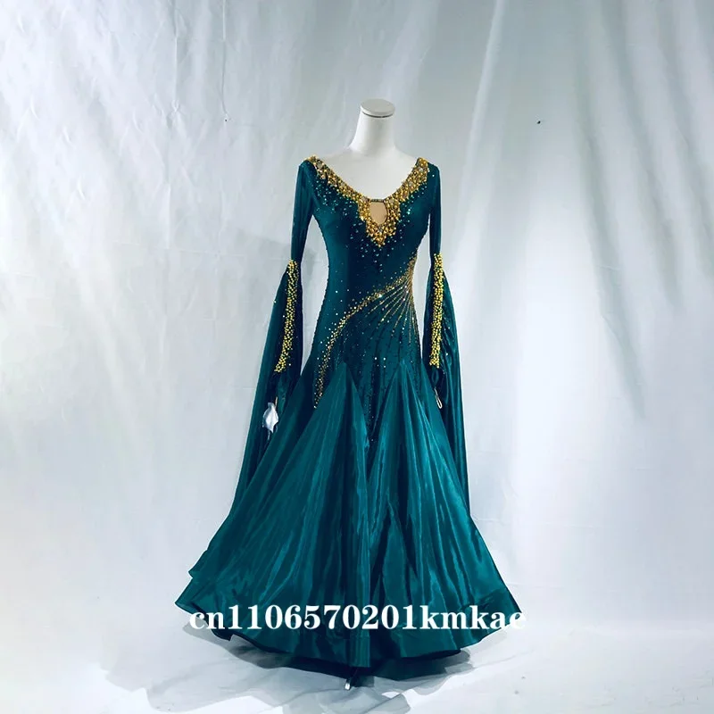 

Women Rhinestone Velvet Ballroom Competition Dress Deep Green Gold Trim Flared Long Sleeve For Waltz Tango Stage Performance Set