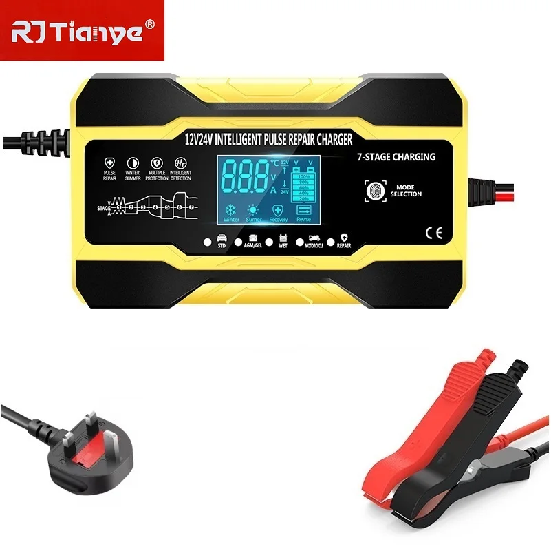 

UK plug 12V10A/24V5A Car Battery Charger Touch Screen Pulse Repair Digital LCD Display Smart Fast for Car Motorcycle