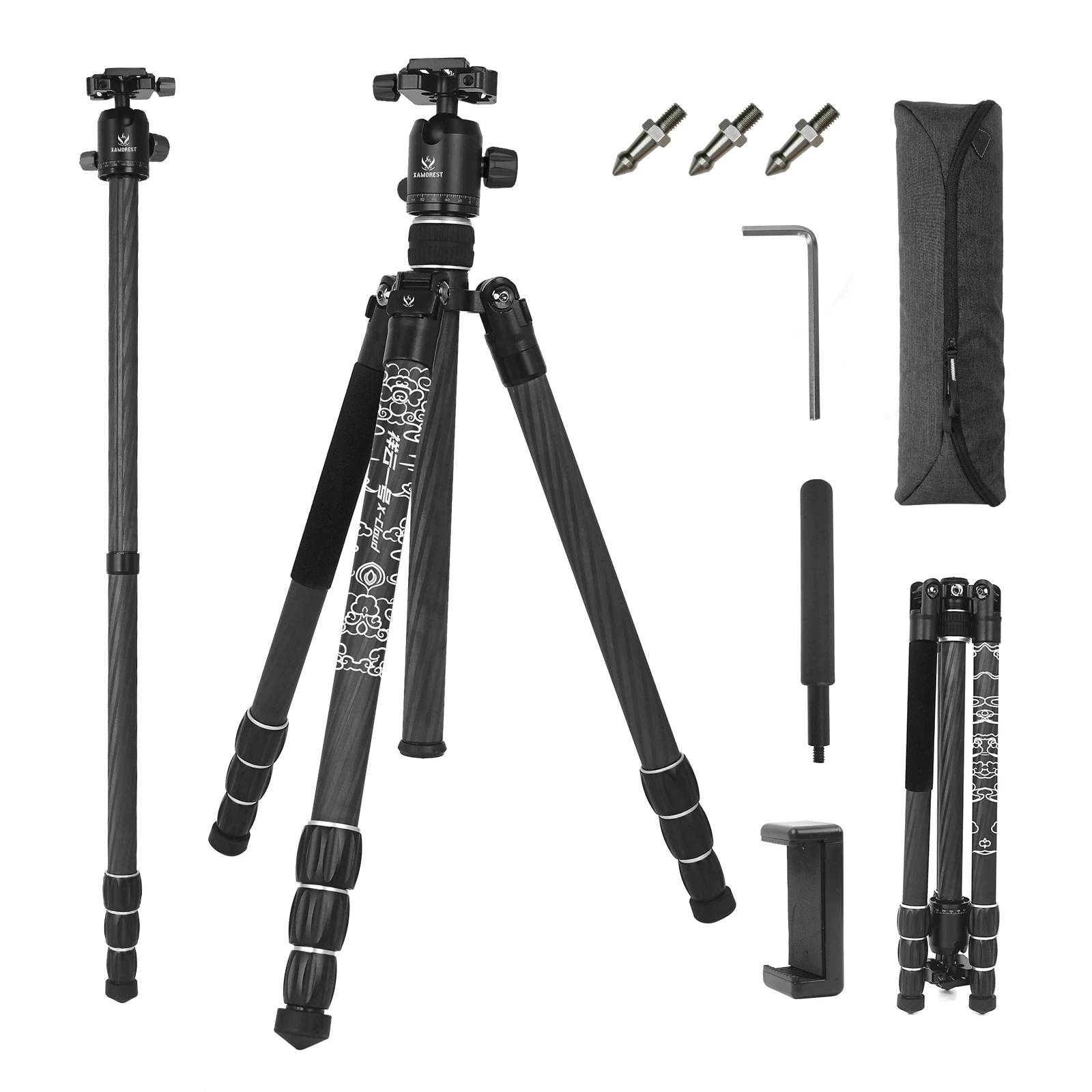 

Carbon Fiber Tripod 360° Ball Head 1/4" Arca QR Plate Portable Bag 4-Section 1.2KG 160CM for DSLR Camcorder Travel Monopod