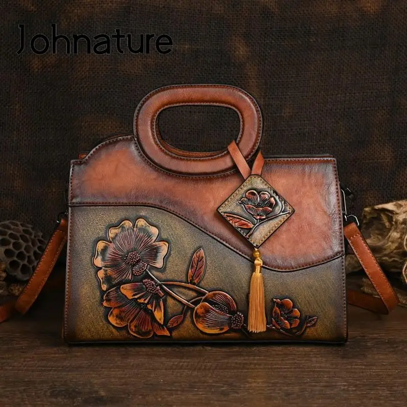 Johnature 2024 New Luxury Handbag Vintage Handmade Embossed Women Leather Bag Versatile Female Shoulder & Crossbody Bags