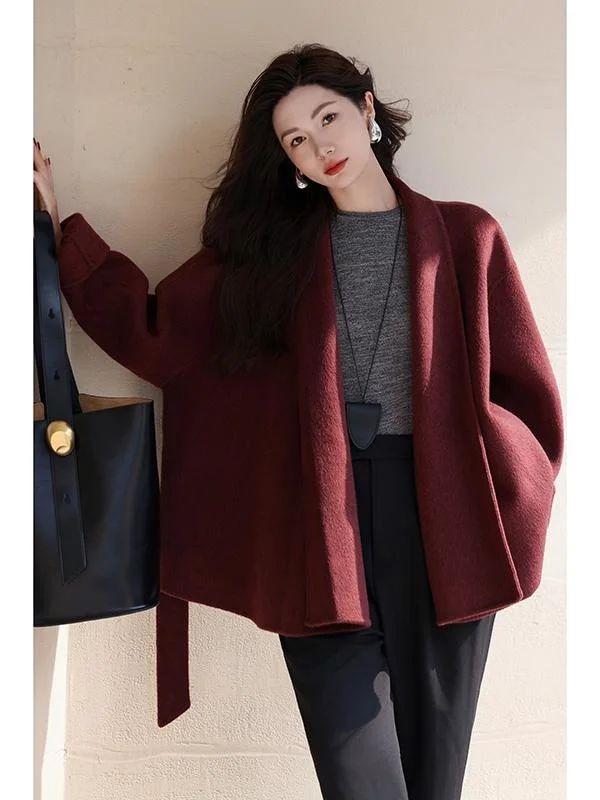 

2024 Anke Red Lazy Sle Camel Double Woolen Coat Women ort Size Knitwear Outerwear Commute Loose Fit Regular Sve Length