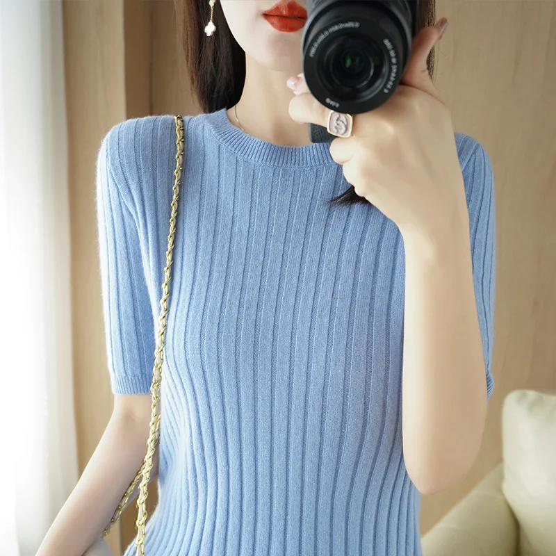 Suéteres de punto de Cachemira con cuello redondo para mujer, jersey de manga corta, Tops informales sólidos