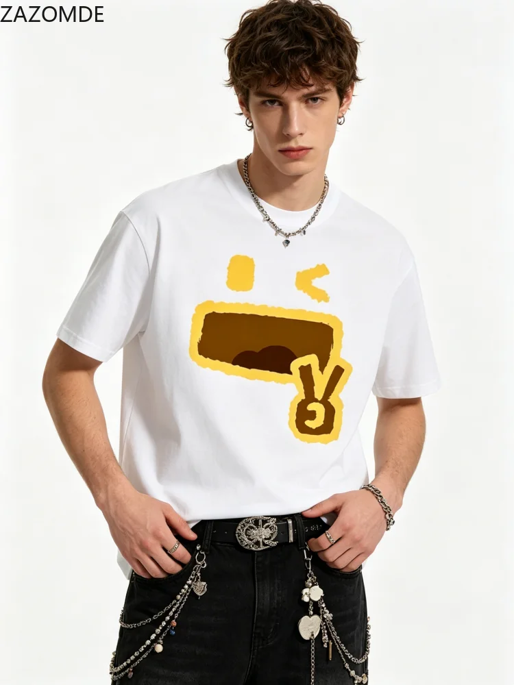 ZAZOMDE Funny Simple Cartoon Wink Face Victory Hand Graphic Tee Men Loose Fit Short Sleeve Cotton T Shirt Casual Daily Wear Tops