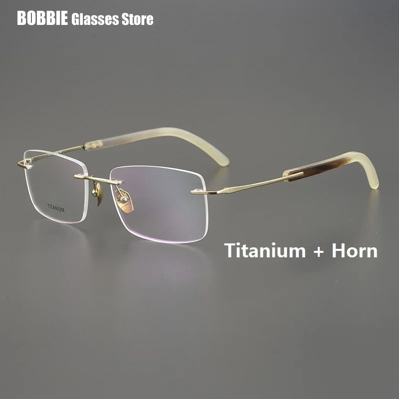 Business Rimless Square Glasses Frame Natural Horn Super Light Pure Titanium Men\'s Tide Myopia Eyeglasses  Japanese Design 2023