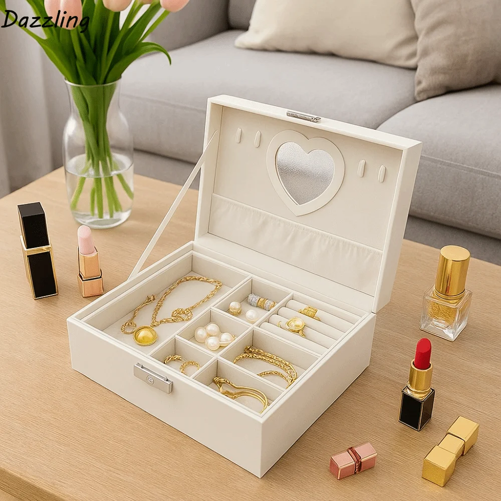 

Практичная двухслойная шкатулка для драгоценностей из искусственной кожи, большая емкость, пылезащитная витрина для ювелирных изделий, запираемая шкатулка для хранения ювелирных изделий, кольца