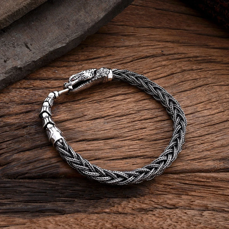 OUYADI Vintage Domineering S925 Sterling Silver Men Bracelet Hand‑Braided Rope Chain 3D Dragon‑Head Fine Silver Wrist Jewelry