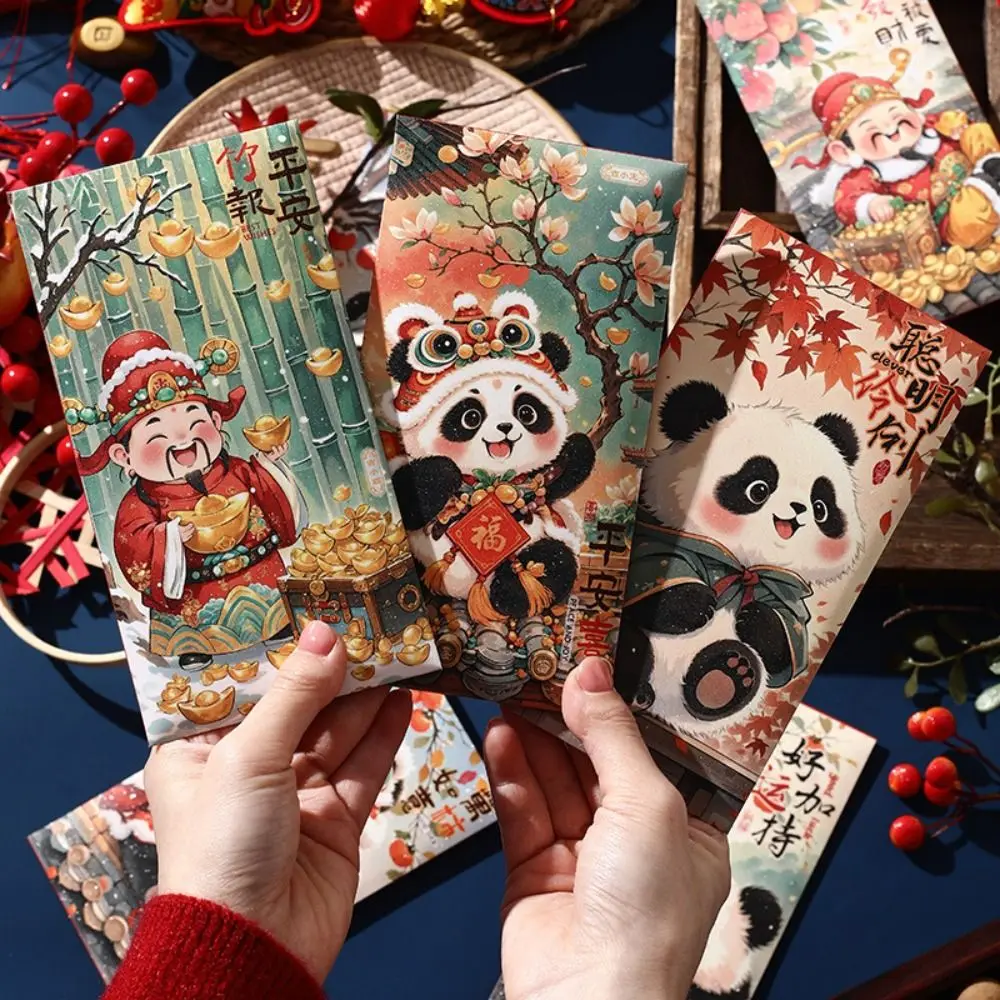 6 pçs estilo chinês ano novo envelopes vermelhos tradicional hongbao bom sorte pacotes vermelhos bênção panda deus da riqueza saco de dinheiro