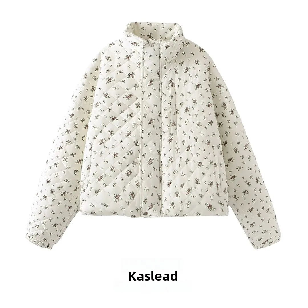 

KASLEAD Women's Faion Thiened Floral Print Loose Cotton Jaet Autumn Winter New Sle Zipper Closure Long Sve ort Coat