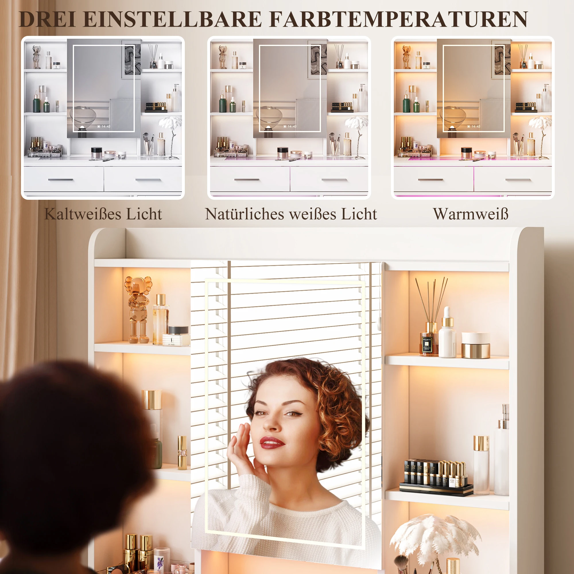 Rosahqnda LED-Beleuchtung Schminktisch mit einstellbarer Helligkeit Schminktisch mit Spiegel Kosmetiktisch mit Schubladen – Detail 10