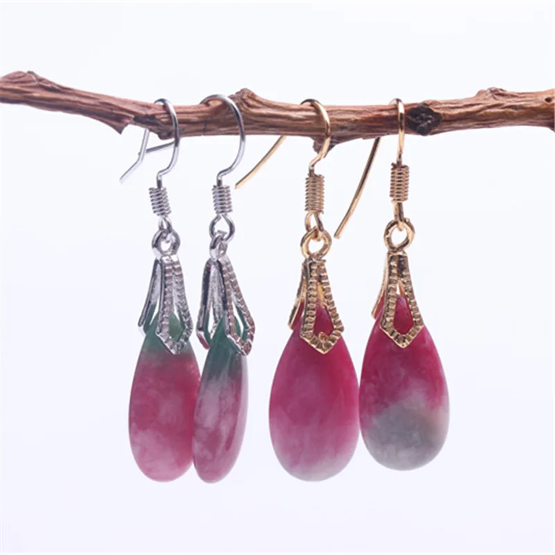 Jade Eardrops Wholesale Pink Peach Blossom Jade Earrings Long Ear Line Jade Water Drop Peach Blossom Jade Red and Green Treasure