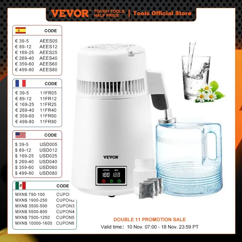 VEVOR 4L Pure Water Distiller Dental Distilled Water Filter Electric Distillation Purifier Water Bottle for Offices Home Use