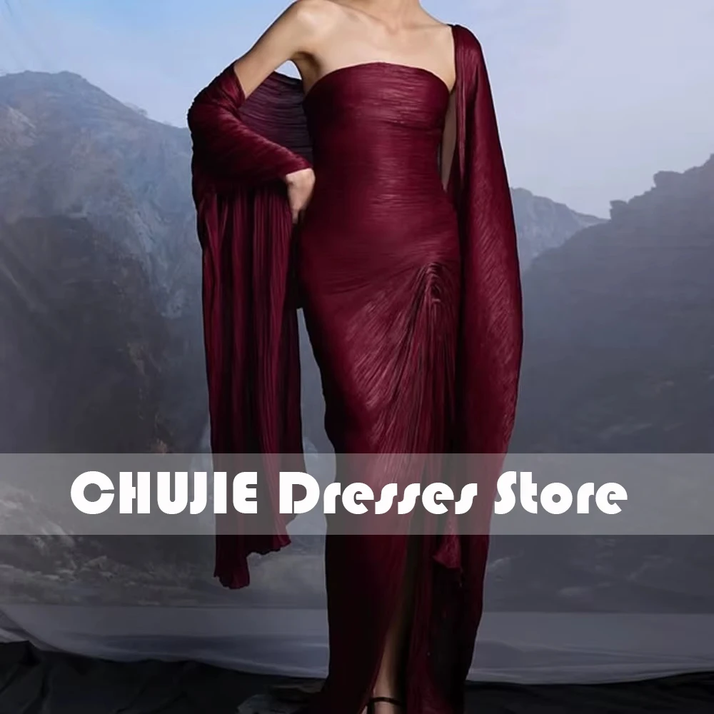 فساتين سهرة للمناسبات الرسمية بدون حمالات بطيات عنابي مع شال للحفلات الراقصة من Vestidos Largos De Gala Lorie مثير غير رسمي