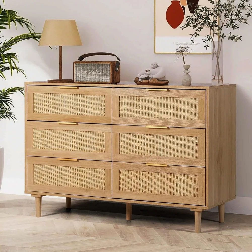 Modern 6-Drawer Double Dresser in Rattan Style with Gold Handles for Bedroom and Living Room Storage