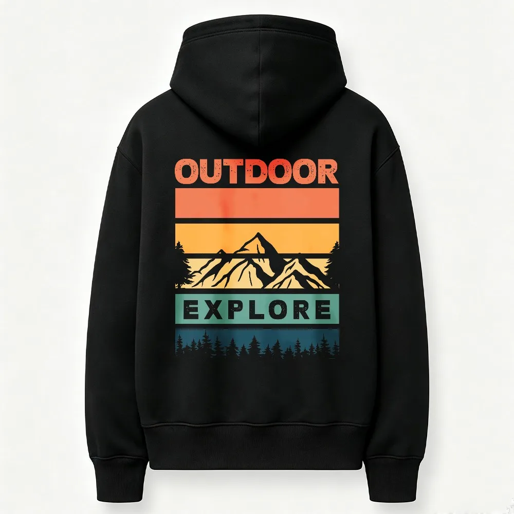 Outdoor Explore Retro Striped Mountain Pine Tree Graphic Hoodie Back Sweatshirt Wilderness Hiking Camping Trekking Hooded Tops