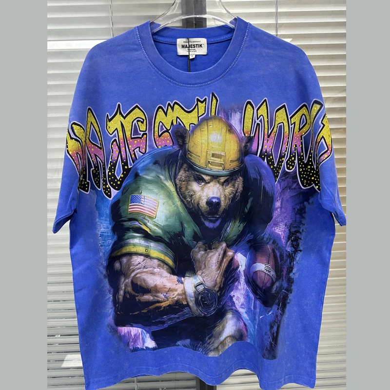 

Футболка Stock MAJESTIK с принтом «Медведь» и стразами, цвет Klein Blue, в американском ретро-стиле, с коротким рукавом