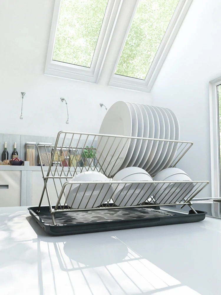 Kitchen Large X Folding Multifunctional Stainless Steel Drainage Rack 2 Tier Strainer Shelf With Tray Drying Dish Cutlery Rack