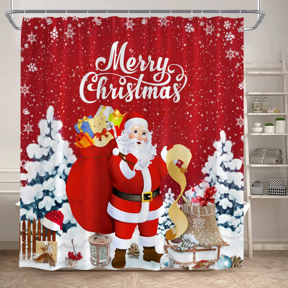 1 Or 4PCS Christmas Snowman Shower Curtains Red Bird Berry Rabbit Snowflake New Year Home Bathroom Curtain Decor With Hooks