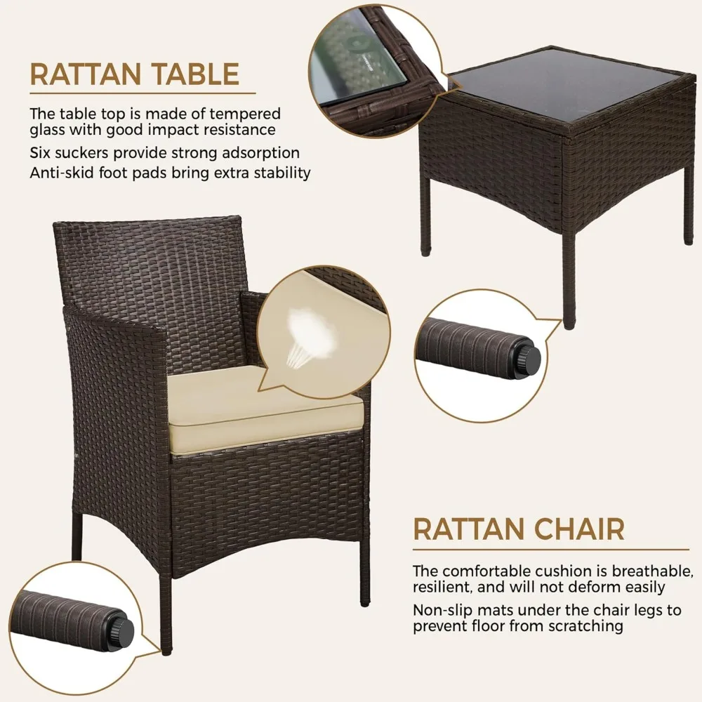 3 Pieces Patio Porch Furniture Set, Outdoor PE Rattan Wicker Conversation Set with Soft Cushions, Glass Coffee Table