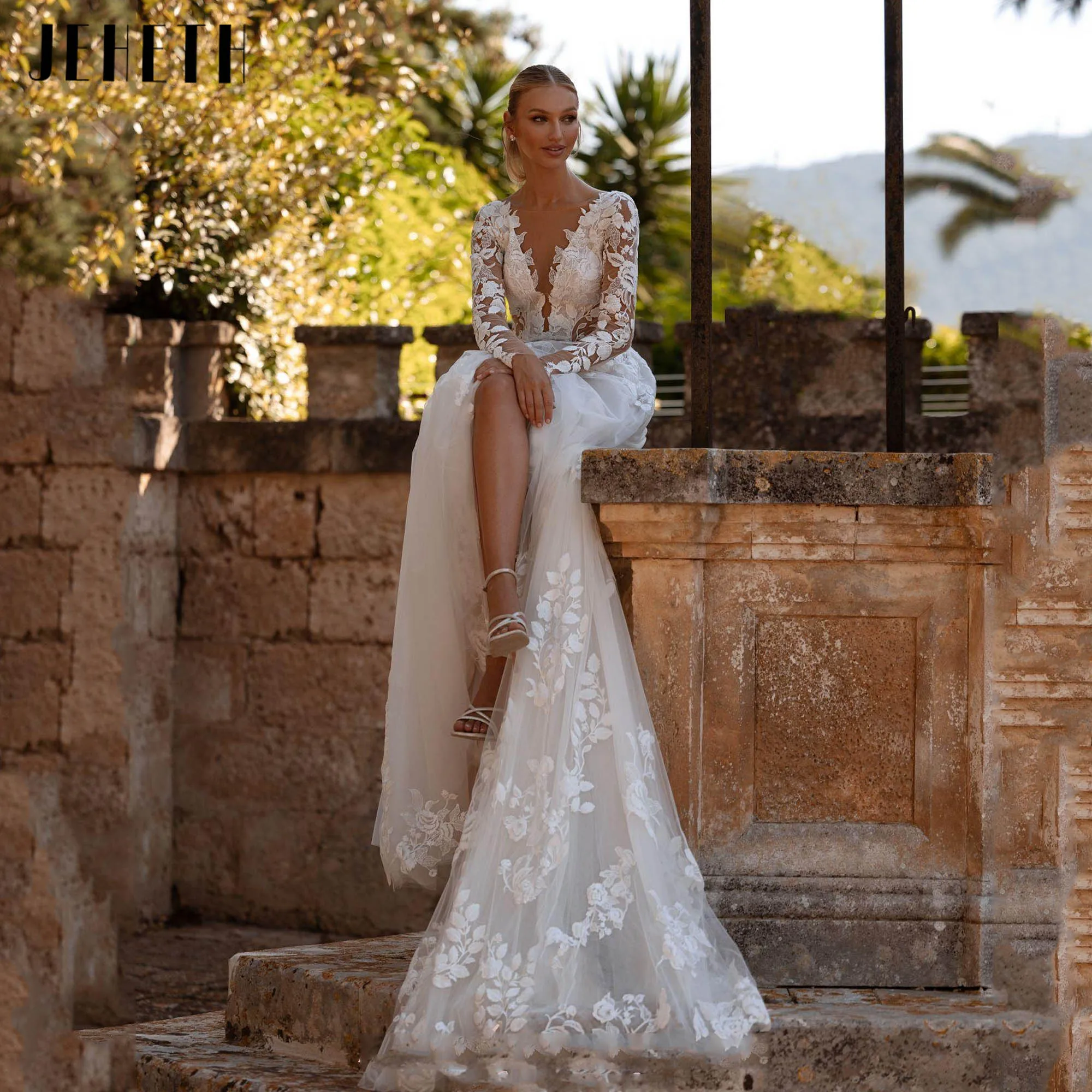 JEHETH ディープ V ネック アップリケ 高級ウェディングドレス 長袖 A ライン ロマンチックなブライダルガウン バックレス ベスティドス デ ノビア カスタマイズ