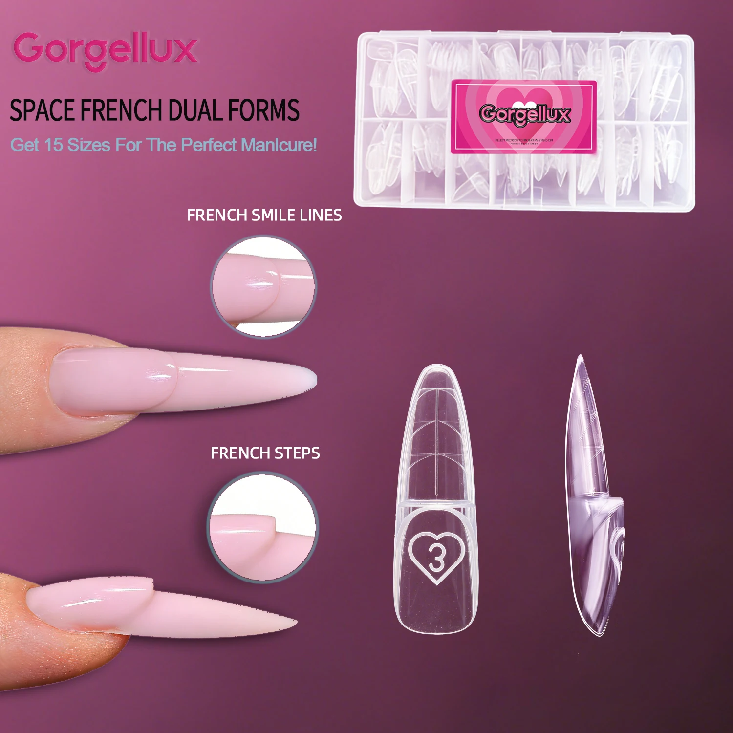 Gorgellux Space French Dual Forms 15 Sizes Clear Oval Nail Extension Tips Pro Salon DIY Art No Filing Perfect Reusable 150pcs