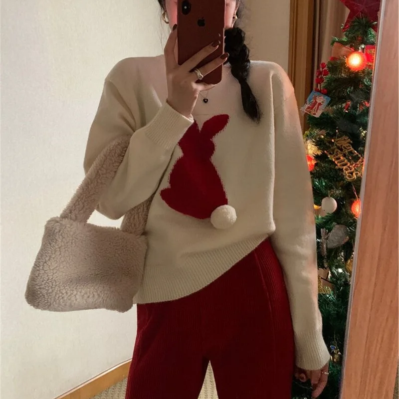 Cute Furry Rabbit Embroidery White Red Short Knitted Bottoming Sweater Female Autumn Winter Round Neck Long Sleeve Pullover Tops