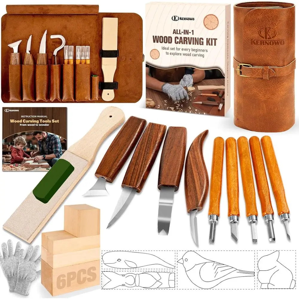 

24-Piece Wood Carving Set with Storage Bag, Whittling Tools, 4 Templates & 6 Basswood Blocks for Beginners